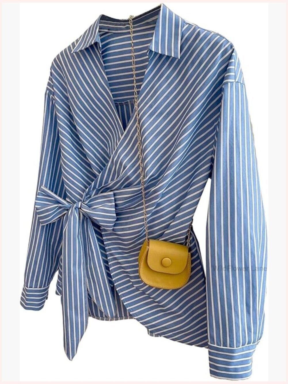 Striped Wrap Blouse Tie Side V Neck Long Sleeve Top Business Casual